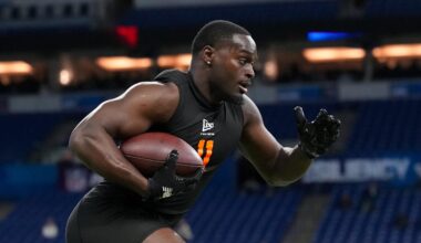 Feb 28, 2026; Indianapolis, IN, USA; Notre Dame running back Jeremiyah Love (RB11) during the NFL Scouting Combine at Lucas Oil Stadium. Mandatory Credit: Kirby Lee-Imagn Images