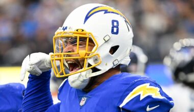 Dec 18, 2022; Inglewood, California, USA; Los Angeles Chargers linebacker Kyle Van Noy (8) lets out a yell as he celebrate sacking Tennessee Titans quarterback Ryan Tannehill (not pictured) in the third quarter at SoFi Stadium. Mandatory Credit: Robert Hanashiro-Imagn Images