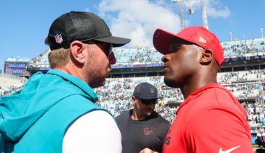 Sep 21, 2025; Jacksonville, Florida, USA; Jacksonville Jaguars head coach Liam Coen and Houston Texans head coach DeMeco Ryans shake hands after the game at EverBank Stadium.