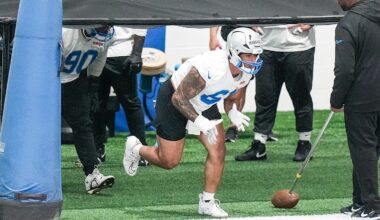 Detroit Lions defensive end Ahmed Hassanein (61) practices during OTA at Meijer Performance Center in Allen Park on Thursday, June 5, 2025.