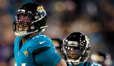 Jacksonville Jaguars linebacker Travon Walker (44) reacts to his sack on Baltimore Ravens quarterback Lamar Jackson (8), not shown, during the first quarter of a regular season NFL football matchup Sunday, Dec. 17, 2023 at EverBank Stadium in Jacksonville, Fla.