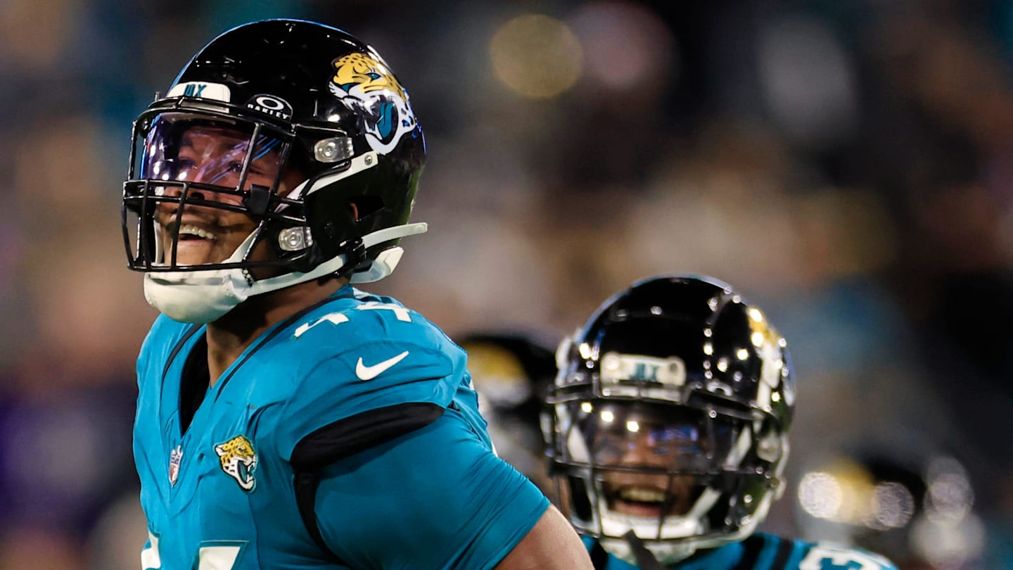 Jacksonville Jaguars linebacker Travon Walker (44) reacts to his sack on Baltimore Ravens quarterback Lamar Jackson (8), not shown, during the first quarter of a regular season NFL football matchup Sunday, Dec. 17, 2023 at EverBank Stadium in Jacksonville, Fla.