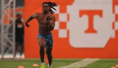 Jermod McCoy runs during Tennessee Football Pro Day 2026, at University of Tennessee on March 31, 2026.