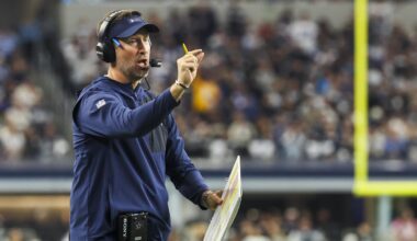 Dec 21, 2025; Arlington, Texas, USA; Dallas Cowboys head coach Brian Schottenheimer reacts to a play against the Los Angeles Chargers during the second quarter at AT&T Stadium. Mandatory Credit: Kevin Jairaj-Imagn Images