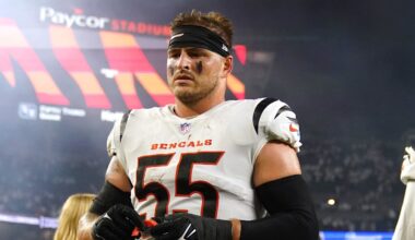 Cincinnati Bengals linebacker Logan Wilson (55) and Cincinnati Bengals defensive end Cam Sample (96) walk off the field at the conclusion of a Week 3 NFL football game between the Los Angeles Rams and the Cincinnati Bengals, Monday, Sept. 25, 2023, at Paycor Stadium in Cincinnati. The Cincinnati Bengals won, 19-16.