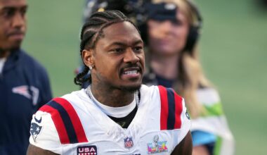 Feb 8, 2026; Santa Clara, CA, USA; New England Patriots wide receiver Stefon Diggs (8) during halftime against the Seattle Seahawks in Super Bowl LX at Levi's Stadium. Mandatory Credit: Darren Yamashita-Imagn Images