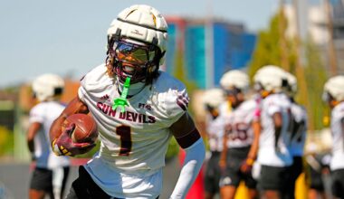 Arizona State defensive back Keith Abney II (1) runs back after a catch during the first day of fall practice in Tempe, Ariz. on July 30, 2025.