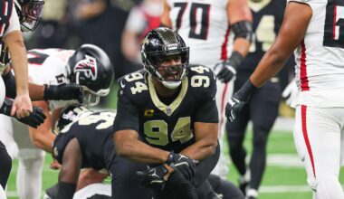 Nov 23, 2025; New Orleans, Louisiana, USA; New Orleans Saints defensive end Cameron Jordan (94) reacts after forcing a fumble against the Atlanta Falcons during the first half at Caesars Superdome. Mandatory Credit: Stephen Lew-Imagn Images