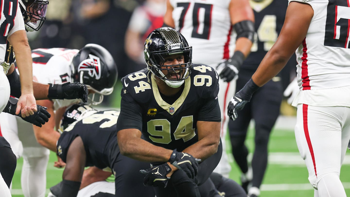 Nov 23, 2025; New Orleans, Louisiana, USA; New Orleans Saints defensive end Cameron Jordan (94) reacts after forcing a fumble against the Atlanta Falcons during the first half at Caesars Superdome. Mandatory Credit: Stephen Lew-Imagn Images
