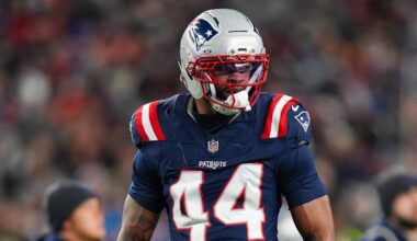 Jan 11, 2026; Foxborough, MA, USA; New England Patriots linebacker K'lavon Chaisson (44) celebrates a sack during the second quarter against the Los Angeles Chargers in an AFC Wild Card Round game at Gillette Stadium. Mandatory Credit: David Butler II-Imagn Images