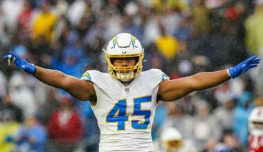 Dec 3, 2023; Foxborough, Massachusetts, USA; Los Angeles Chargers linebacker Tuli Tuipulotu (45) reacts after stoping the first down against the New England Patriots in the second quarter at Gillette Stadium. Mandatory Credit: David Butler II-Imagn Images