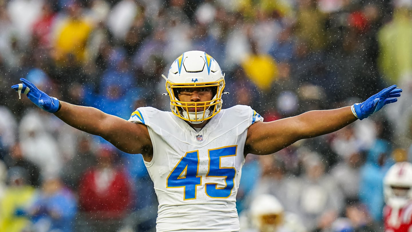 Dec 3, 2023; Foxborough, Massachusetts, USA; Los Angeles Chargers linebacker Tuli Tuipulotu (45) reacts after stoping the first down against the New England Patriots in the second quarter at Gillette Stadium. Mandatory Credit: David Butler II-Imagn Images