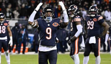 Chicago Bears safety Jaquan Brisker (9) reacts after a flag against the Green Bay Packers during an NFC Wild Card Round game at Soldier Field.