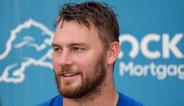 TE Brock Wright speaks to the media during the Detroit Lions training camp at the Lions headquarters in Allen Park, Mich. on Friday, Aug 2, 2024.