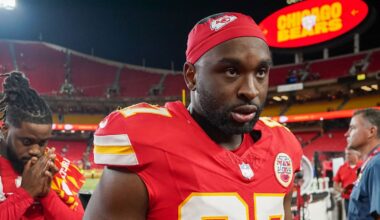Aug 22, 2024; Kansas City, Missouri, USA; Kansas City Chiefs defensive end Felix Anudike-Uzoman (97) leaves the field after the game against the Chicago Bears at GEHA Field at Arrowhead Stadium. Mandatory Credit: Denny Medley-Imagn Images