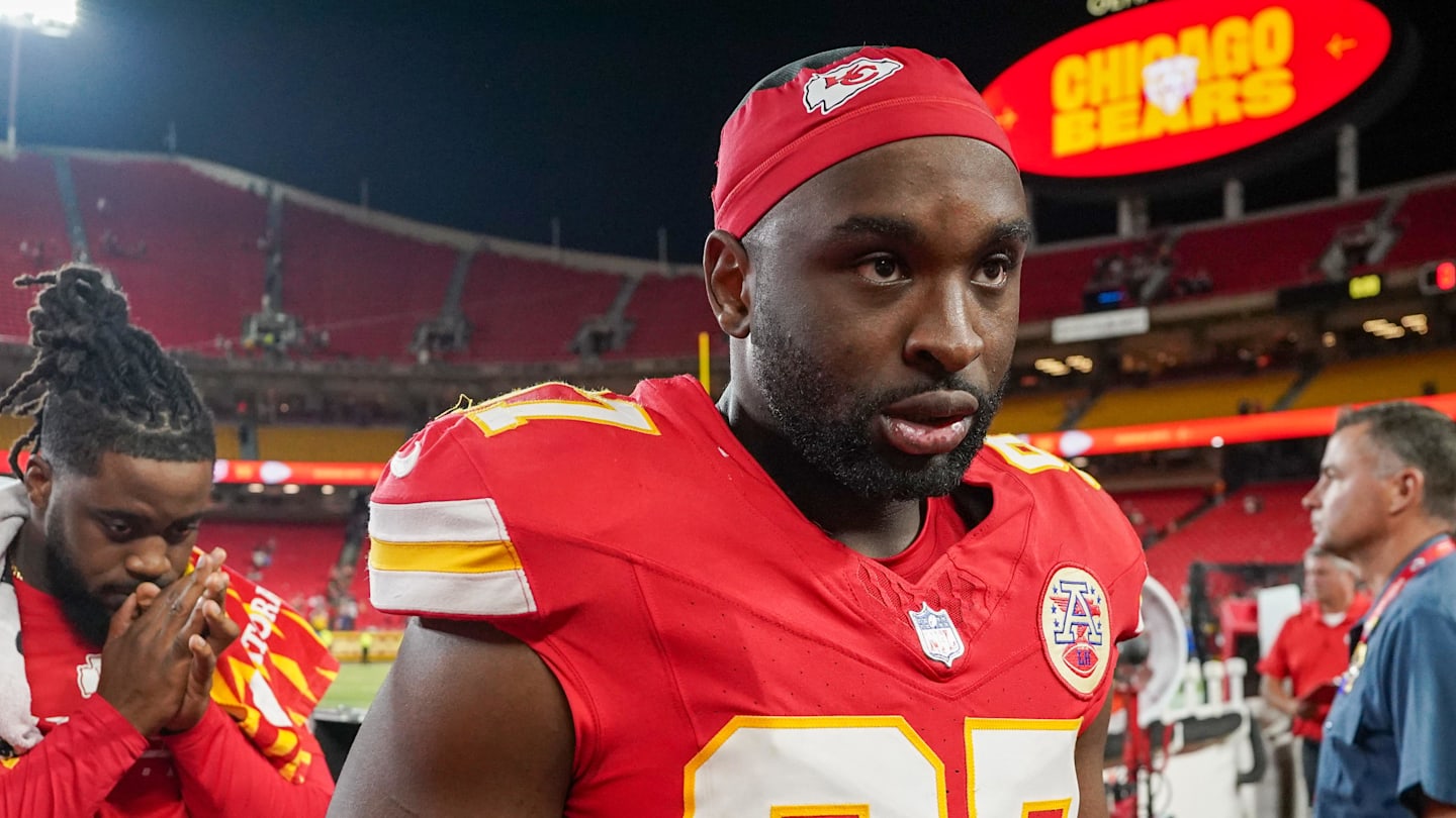 Aug 22, 2024; Kansas City, Missouri, USA; Kansas City Chiefs defensive end Felix Anudike-Uzoman (97) leaves the field after the game against the Chicago Bears at GEHA Field at Arrowhead Stadium. Mandatory Credit: Denny Medley-Imagn Images