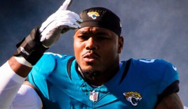 Jacksonville Jaguars defensive end Travon Walker (44) enters the stadium before an NFL football game at EverBank Stadium, Sunday, Dec. 14, 2025, in Jacksonville, Fla.