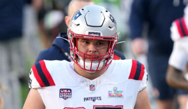 Feb 8, 2026; Santa Clara, CA, USA; New England Patriots center Garrett Bradbury (65) before Super Bowl LX against the Seattle Seahawks at Levi's Stadium. Mandatory Credit: Darren Yamashita-Imagn Images