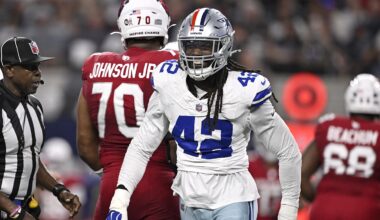 Dallas Cowboys defensive end Jadeveon Clowney (42) reacts after a sack against Arizona Cardinals quarterback Jacoby Brissett (7) in the first half at AT&T Stadium.