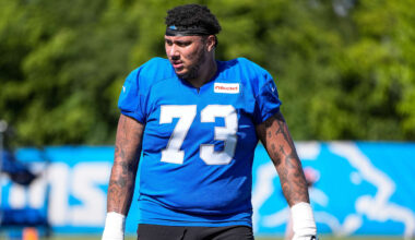 Detroit Lions guard Christian Mahogany (73) walks of the field after practice during training camp at Meijer Performance Center in Allen Park on Tuesday, July 22, 2025.