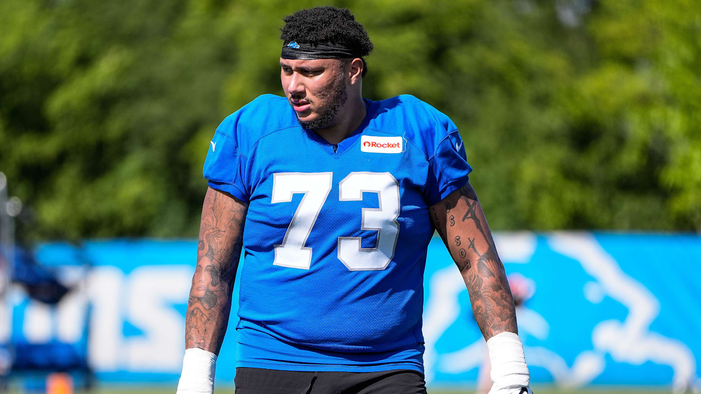 Detroit Lions guard Christian Mahogany (73) walks of the field after practice during training camp at Meijer Performance Center in Allen Park on Tuesday, July 22, 2025.