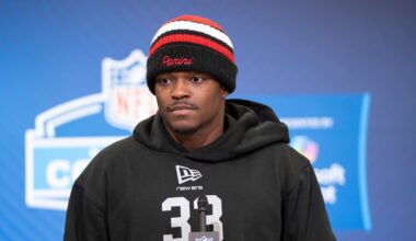 Feb 26, 2026; Indianapolis, IN, USA; TCU defensive back Bud Clark (DB33) speaks to members of the media during the NFL Combine at the Indiana Convention Center. Mandatory Credit: Jacob Musselman-Imagn Images