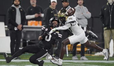 Jan 2, 2026; Charlotte, NC, USA; Mississippi State Bulldogs wide receiver Brenen Thompson (0) makes a opening play catch defended by Wake Forest Demon Deacons defensive back Karon Prunty (3) during the first quarter at Bank of America Stadium. Mandatory Credit: Jim Dedmon-Imagn Images