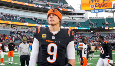 Cincinnati Bengals quarterback Joe Burrow (9) looks for hands to shake after the fourth quarter of the NFL Week 18 game between the Cincinnati Bengals and the Cleveland Browns at Paycor Stadium in Downtown Cincinnati on Sunday, Jan. 4, 2026. The Browns kicked a last second field goal to win 20-18.