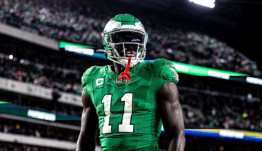 Oct 22, 2023; Philadelphia, Pennsylvania, USA; Philadelphia Eagles wide receiver A.J. Brown (11) reacts after a score against the Miami Dolphins during the fourth quarter at Lincoln Financial Field. Mandatory Credit: Bill Streicher-Imagn Images