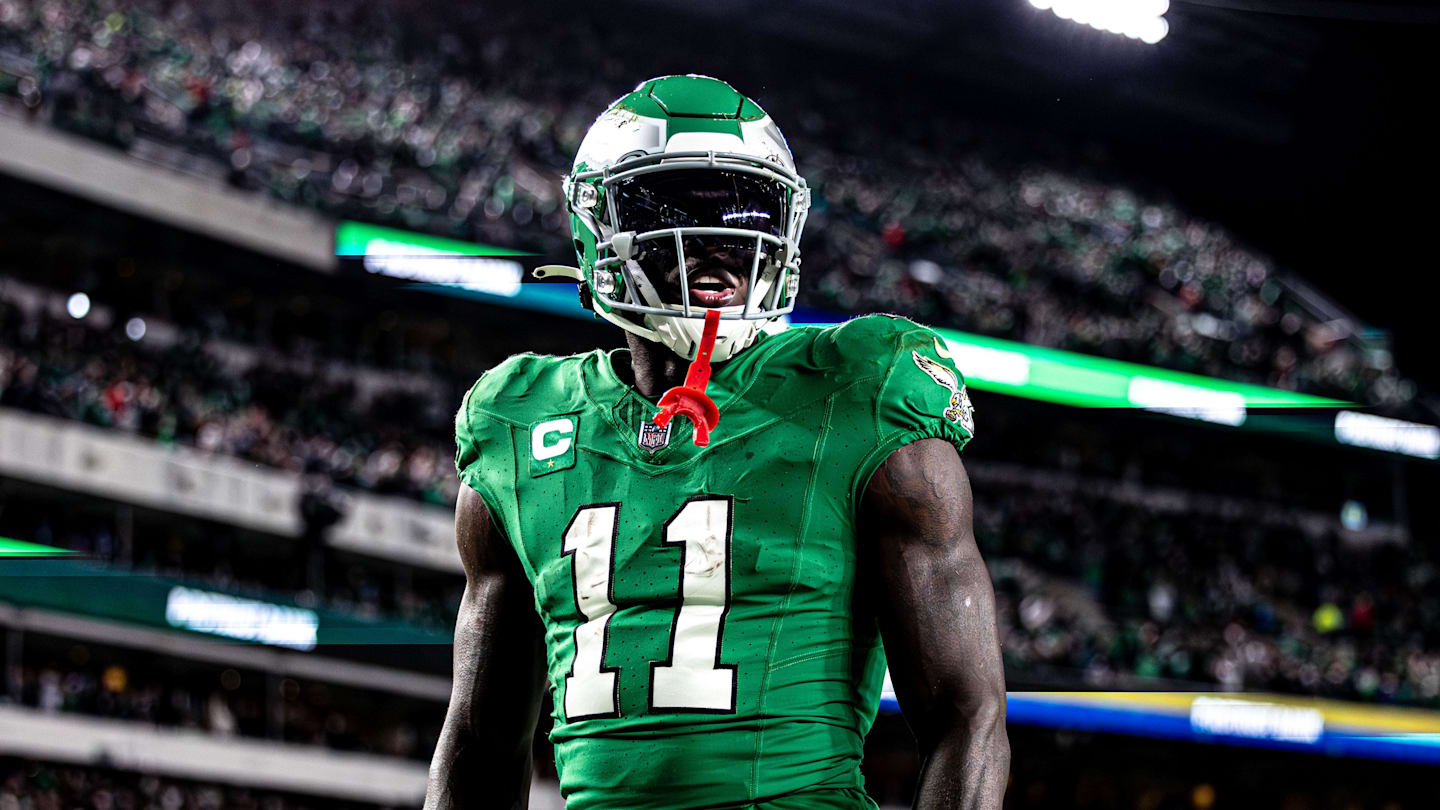 Oct 22, 2023; Philadelphia, Pennsylvania, USA; Philadelphia Eagles wide receiver A.J. Brown (11) reacts after a score against the Miami Dolphins during the fourth quarter at Lincoln Financial Field. Mandatory Credit: Bill Streicher-Imagn Images