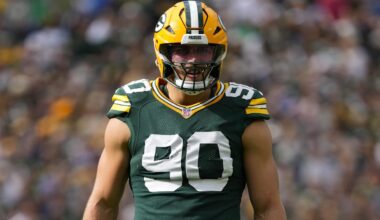 Sep 7, 2025; Green Bay, Wisconsin, USA;  Green Bay Packers defensive lineman Lukas Van Ness (90) during the game against the Detroit Lions at Lambeau Field.