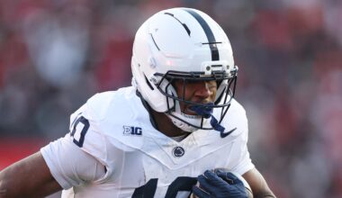 Nov 29, 2025; Piscataway, New Jersey, USA; Penn State Nittany Lions running back Nicholas Singleton (10) carries the ball against the Rutgers Scarlet Knights during the first half at SHI Stadium. Mandatory Credit: Vincent Carchietta-Imagn Images