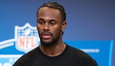 Feb 27, 2026; Indianapolis, IN, USA; Notre Dame wideout Malachi Fields (WO20) speaks to members of the media during the NFL Combine at the Indiana Convention Center. Mandatory Credit: Jacob Musselman-Imagn Images