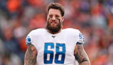 Dec 22, 2019; Denver, Colorado, USA; Detroit Lions offensive tackle Taylor Decker (68) before the game against the Denver Broncos at Empower Field at Mile High. Mandatory Credit: Isaiah J. Downing-Imagn Images