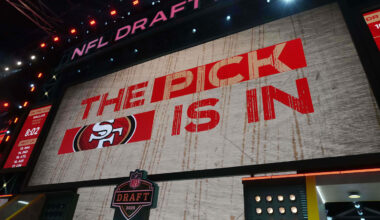 The San Francisco 49ers logo is projected on the video board during the NFL Draft