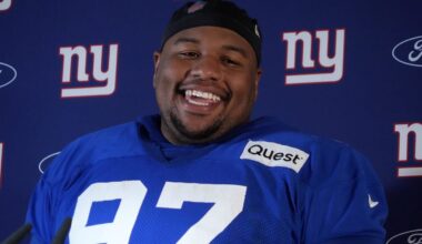 Nov 8, 2024; Munich, Germany; New York Giants defensive tackle Dexter Lawrence II (97) during press conference at the FC Bayern Munchen training grounds at Sabener Strasse.  Mandatory Credit: Kirby Lee-Imagn Images