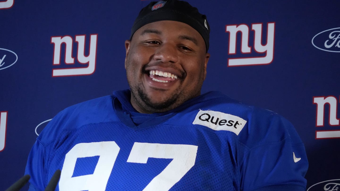 Nov 8, 2024; Munich, Germany; New York Giants defensive tackle Dexter Lawrence II (97) during press conference at the FC Bayern Munchen training grounds at Sabener Strasse.  Mandatory Credit: Kirby Lee-Imagn Images