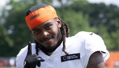 Jul 28, 2025; Berea, OH, USA; Cleveland Browns cornerback Martin Emerson Jr. (1) during training camp at CrossCountry Mortgage Campus. Mandatory Credit: Ken Blaze-Imagn Images