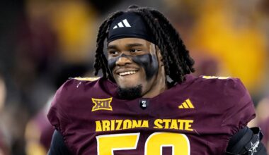 Nov 28, 2025; Tempe, Arizona, USA; Arizona State Sun Devils offensive lineman Max Iheanachor (58) against the Arizona Wildcats during the 99th Territorial Cup at Mountain America Stadium. Mandatory Credit: Mark J. Rebilas-Imagn Images