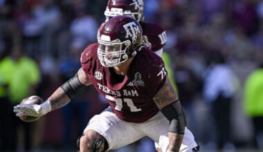 Dec 20, 2025; College Station, TX, USA; Texas A&M Aggies offensive lineman Chase Bisontis (71) blocks the rush during the game between the Aggies and the Hurricanes at Kyle Field.