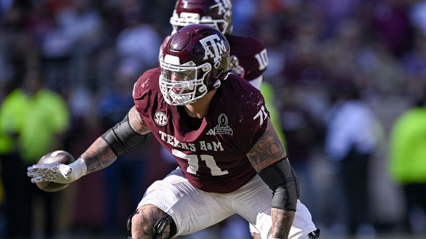 Dec 20, 2025; College Station, TX, USA; Texas A&M Aggies offensive lineman Chase Bisontis (71) blocks the rush during the game between the Aggies and the Hurricanes at Kyle Field.