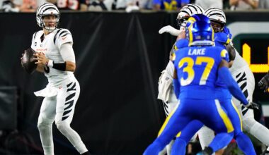 Cincinnati Bengals quarterback Joe Burrow (9) drops back to throw in the third quarter during a Week 3 NFL football game between the Los Angeles Rams and the Cincinnati Bengals, Monday, Sept. 25, 2023, at Paycor Stadium in Cincinnati.