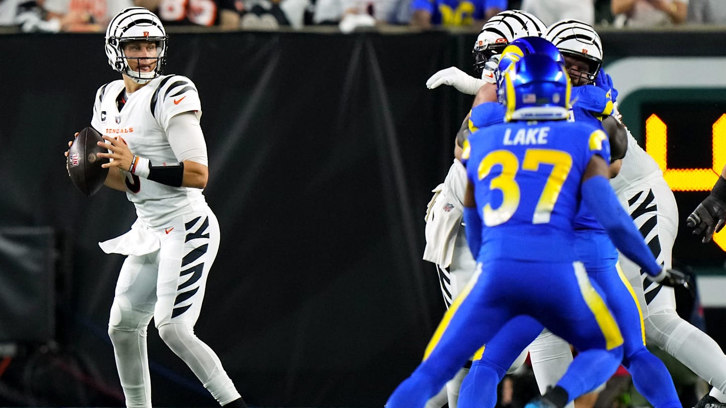 Cincinnati Bengals quarterback Joe Burrow (9) drops back to throw in the third quarter during a Week 3 NFL football game between the Los Angeles Rams and the Cincinnati Bengals, Monday, Sept. 25, 2023, at Paycor Stadium in Cincinnati.