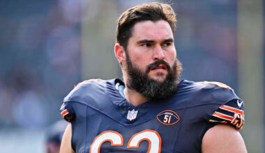 Oct 15, 2023; Chicago, Illinois, USA;  Chicago Bears offensive lineman Lucas Patrick (62) warms up before a game against the Minnesota Vikings at Soldier Field. Mandatory Credit: Jamie Sabau-Imagn Images