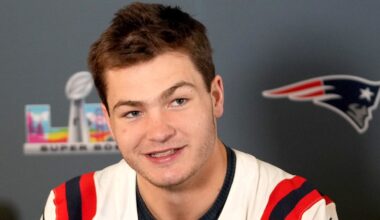 Feb 4, 2026; Santa Clara, CA, USA; New England Patriots quarterback Drake Maye (10) speaks to the media at the Santa Clara Marriott. Mandatory Credit: Cary Edmondson-Imagn Images