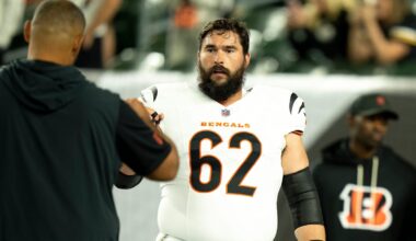 Cincinnati Bengals guard Lucas Patrick (62) stands before the NFL game between the Cincinnati Bengals and Pittsburgh Steelers at Paycor Stadium in Cincinnati on Oct. 16, 2025.