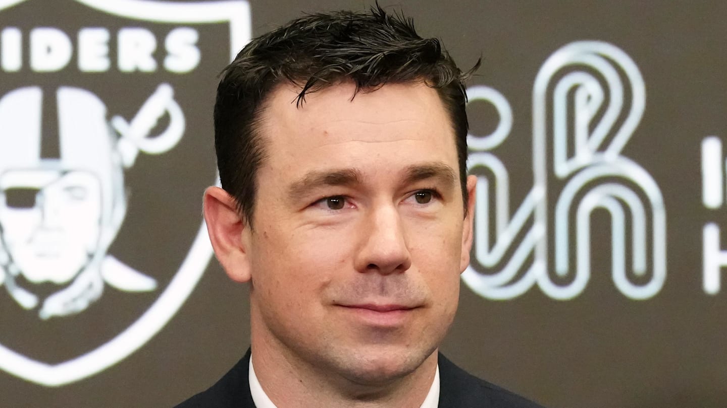 Las Vegas Raiders coach Klint Kubiak speaks at introductory press conference.