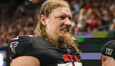 Sep 22, 2024; Atlanta, Georgia, USA; Atlanta Falcons offensive tackle Kaleb McGary (76) leaves the field with an injury against the Kansas City Chiefs in the second quarter at Mercedes-Benz Stadium.