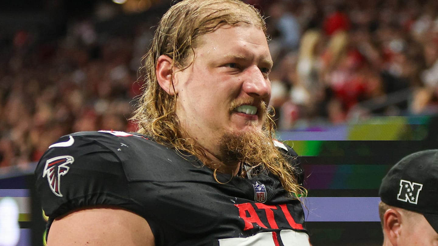 Sep 22, 2024; Atlanta, Georgia, USA; Atlanta Falcons offensive tackle Kaleb McGary (76) leaves the field with an injury against the Kansas City Chiefs in the second quarter at Mercedes-Benz Stadium.