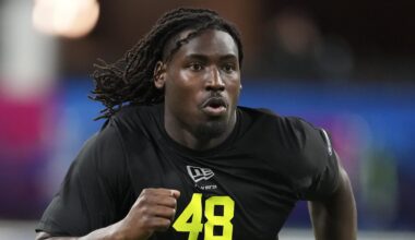 Feb 26, 2026; Indianapolis, IN, USA; UCF defensive lineman Malachi Lawrence (DL48 during the NFL Scouting Combine  at Lucas Oil Stadium. Mandatory Credit: Kirby Lee-Imagn Images